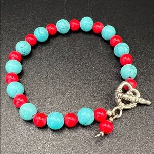 Vintage Howlite Turquoise & Red Beaded Toggle Bracelet